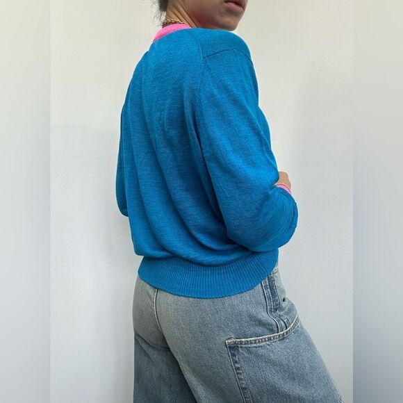 Diesel 100% Linen Crew Neck Long Sleeve Sweater Pink & Blue Contrast Collar S - Picture 2 of 12